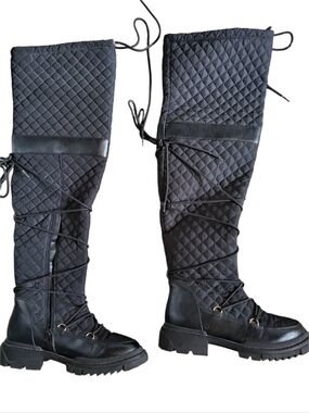 JustFab Black Quilted Lace-Up Over-the-Knee Boots